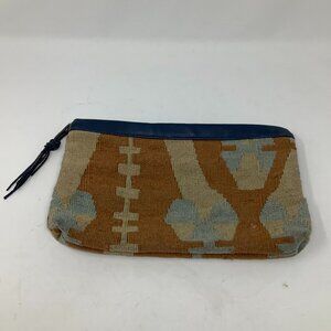 Vintage kilim dhurrie clutch bag purse fabric blue leather brown tan
